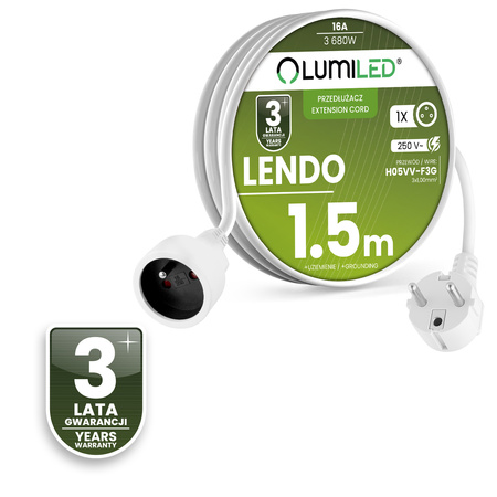 Netzverlängerungskabel Geerdete Steckdosenleiste 1 Steckdose 1,5m Weißes Kabel Lendo Lumiled