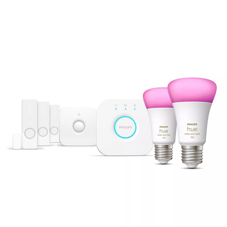 2x LED Lampen 3x E27 A60 9W CCT RGB + Hue Bridge + Bewegungssensor + Kontaktsensor Set Sicherer Sensor PHILIPS HUE Bluetooth Zigbee