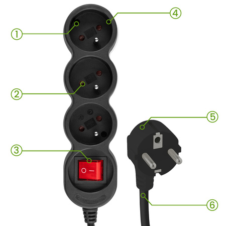 Netzverlängerungskabel Geerdete Steckdosenleiste 3 Steckdosen 3m ON/OFF Schalter Schwarz Lendo Lumiled Cord