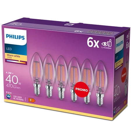 Set mit 6 LED-Kerzenlampen E14 B35 4,3 W = 40 W, 470 lm, 2700 K, warmes Filament PHILIPS