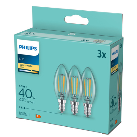 3x LED Lampen E14 Kerze B35 4.3W = 40W 470lm 2700K Warm FILAMENT Philips