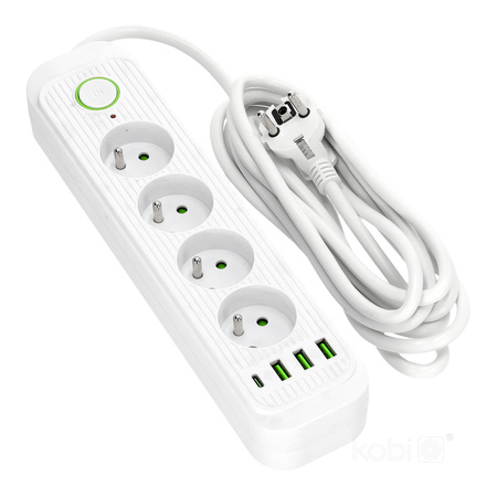 Verlängerungskabel CONNECTO 4x230V 3m 4GN Fehlerstromschutzschalter 4xUSB Weiß Kobi