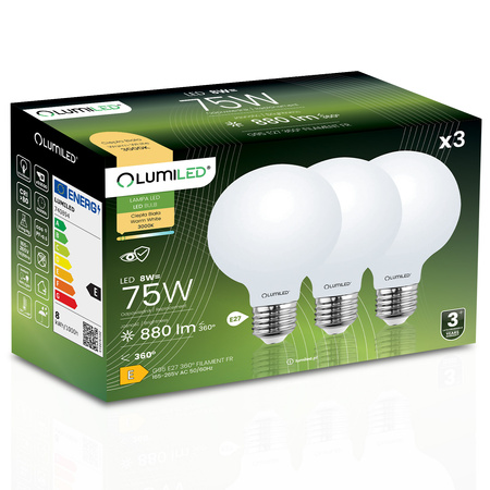 3x LED Lampen E27, Glühbirne G95 8W = 75W 3000K warm Milch Globe Glühfaden LUMILED