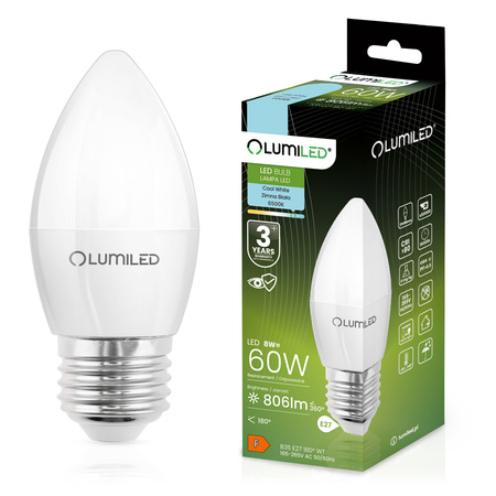 LED Lampen E27, Glühbirne B35 8W = 60W 806lm 180° 6500K kalt LUMILED