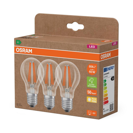 3x LED-Glühbirne A60 E27 3.8W = 60W 806lm 2700K Warm 300° Filament CLASSIC ENERGY EFFICIENCY Osram