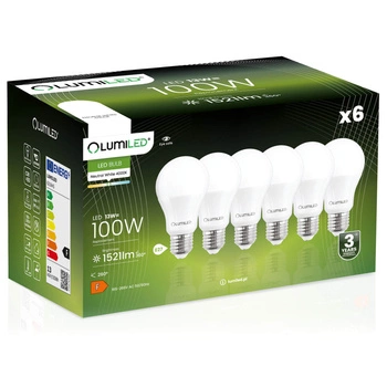 6x LED Lampen E27, Glühbirne A60, 13W = 100W, 1521lm, 260°, 4000K, neutral LUMILED