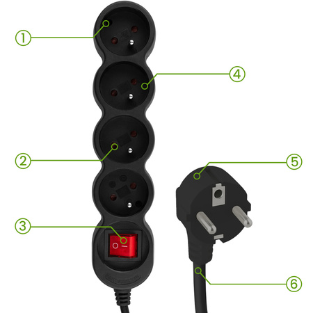 Netzverlängerungskabel Geerdete Steckdosenleiste 4 Steckdosen 3m ON/OFF Schalter Schwarz Lendo Lumiled Cord