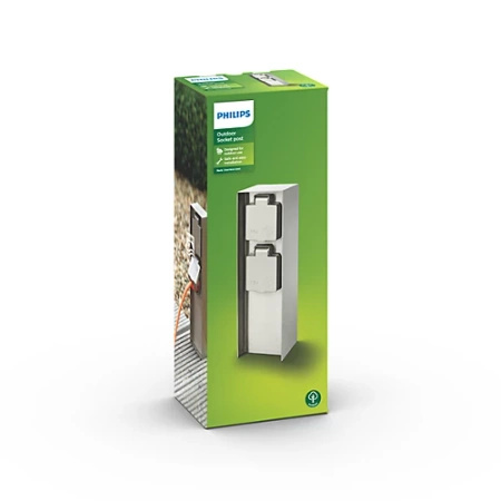 Elektrischer Gartenpfahl ROCK myGarden 2x Steckdose 230V IP44 mit Erdung Silber PHILIPS