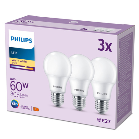 Set mit 3x E27 A60 LED-Lampe 8W = 60W 806lm 2700K Warm 150° PHILIPS