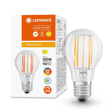 E27 A60 LED Lampen 11W = 100W 1521lm 2700K Warm 300° CRI90 Filament dimmbar LEDVANCE Superior