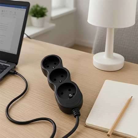 Netzverlängerungskabel Geerdete Steckdosenleiste 3 Steckdosen 3m Schwarzes Kabel Lendo Lumiled