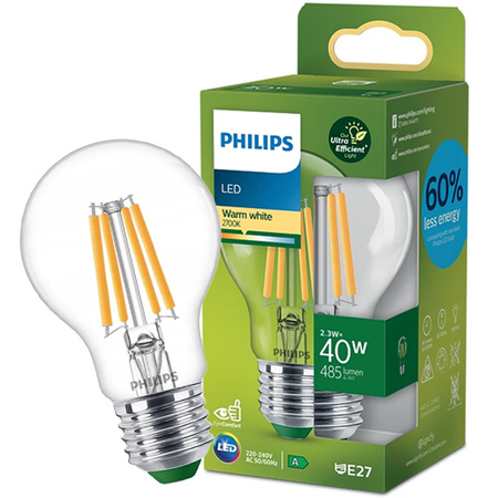 E27 A60 LED Lampen 2,3 W = 40 W, 485 lm, 2700 K, warmes Filament PHILIPS, ultraeffizient