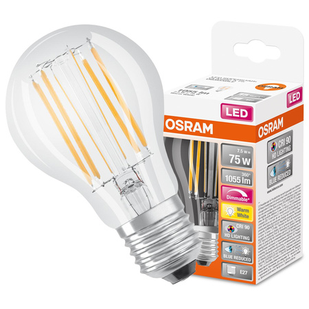 LED-Lampe E27 A60 7.5W = 75W 1055lm 2700K Warm 300° CRI90 Glühfaden Dimmbar OSRAM SUPER STAR+