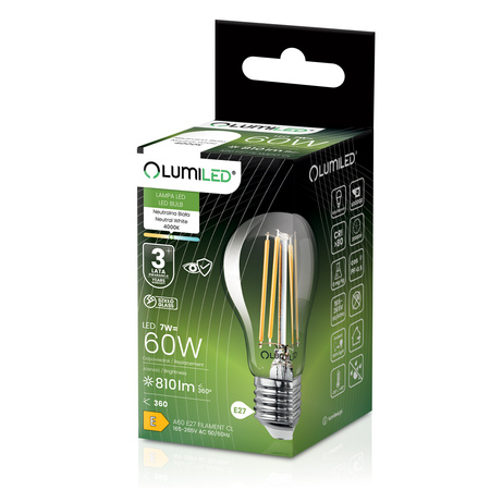6x LED-Lampe E27 A60 7W = 60W 810lm 4000K Neutral 360° FILAMENT LUMILED