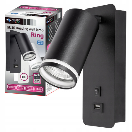 GU10 RING Wandleuchte mit USB und Schalter schwarz