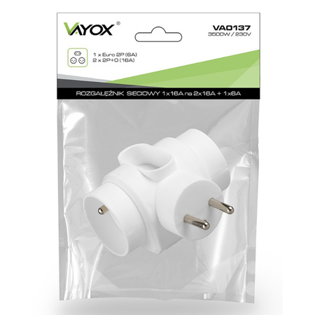 Elektrischer Netzverteiler 1x Euro 2P + 2x 2P+0 Dieb 3 Steckdosen mit Erde VAYOX