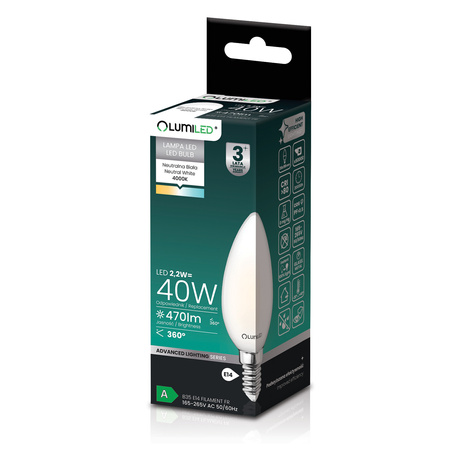 LED-Lampe E14 Kerze B35 2.2W 470lm = 40W 4000K neutralweiß 360° Filament Energieklasse A LUMILED