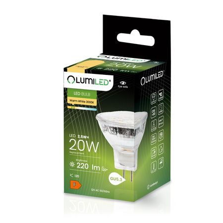 10x LED Lampen MR11, Glühbirne 12V 2.5W = 20W 220lm 120° 3000K warm LUMILED