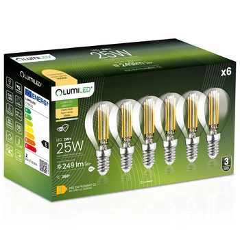 6x LED-Lampe E14 Ball P45 2W = 25W 249lm 3000K Warm 360° FILAMENT LUMILED