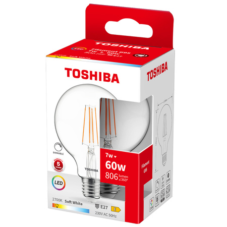 LED-Lampe E27 G95 7W = 60W 806lm 2700K Warm Filament Dimmbar TOSHIBA