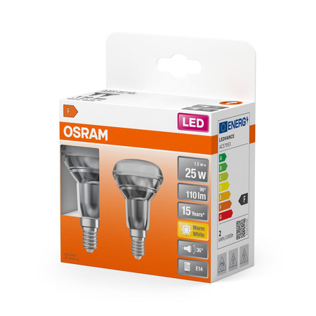 2x LED Lampe E14 R50 1,5W = 25W 110lm 2700K Warm 36° OSRAM STAR