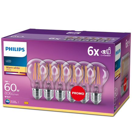 Set mit 6x LED Lampen E27 A60 7W = 60W 806lm 2700K Warmfilament PHILIPS