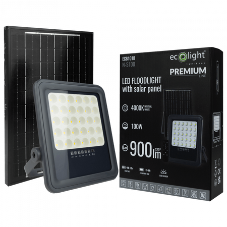 LED-Flutlicht Solar 100W 900lm 4000lm Neutral IP65 mit Dämmerungssensor + Ecolight Fernbedienung
