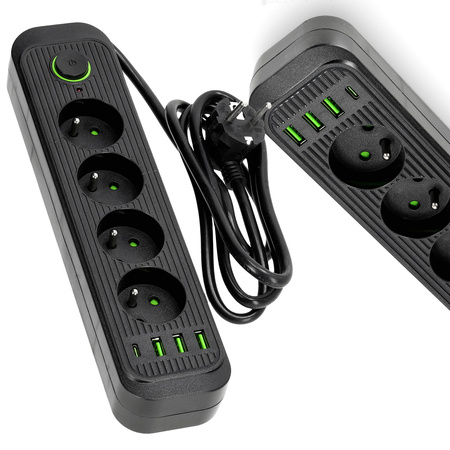 Verlängerungskabel CONNECTO 4x230V 1,5m 4GN Fehlerstromschutzschalter 4xUSB Schwarz Kobi