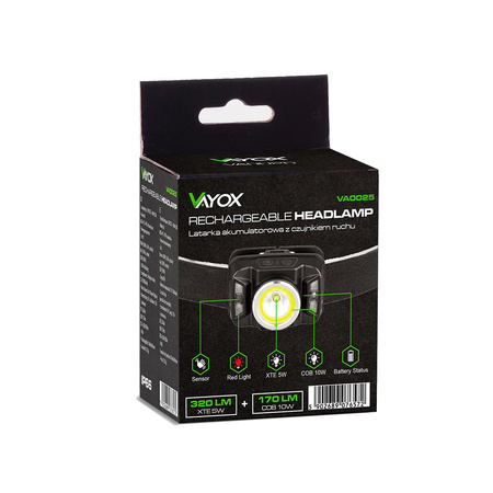 Wiederaufladbare LED-Stirnlampe mit Bewegungssensor XTE 5W + COB 10W VA0025 VAYOX