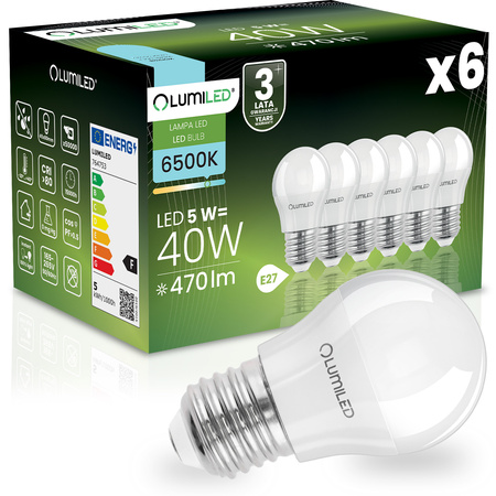 6x LED Lampen E27, Glühbirne P40 5W = 40W 470lm 180° 6500K kalt LUMILED