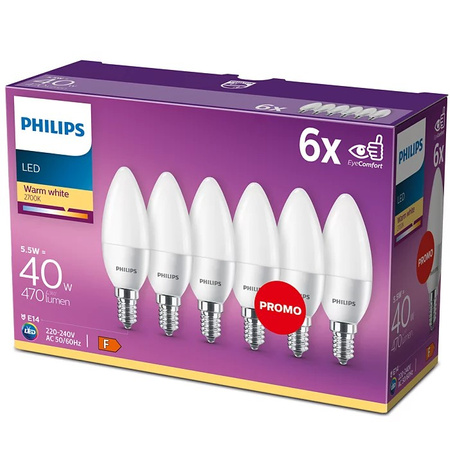 Set mit 6 LED-Kerzenlampen E14 B35 4,9 W = 40 W, 470 lm, 2700 K, warm matt, PHILIPS