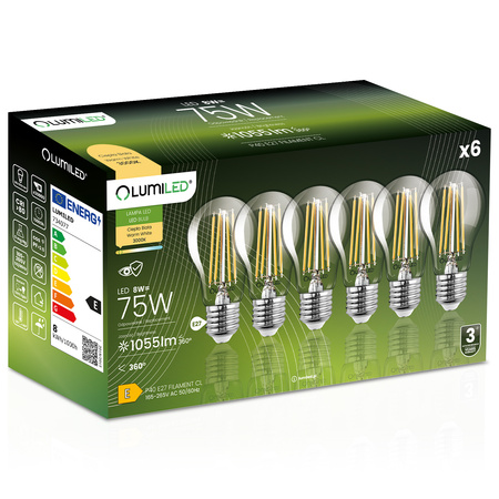 6x LED Lampen E27, Glühbirne A60 8W = 75W 1055lm 360° 3000K warm Glühfaden LUMILED