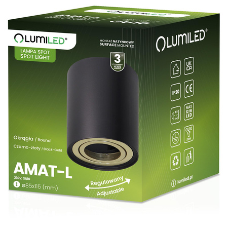 Aufputz HALOGEN Spot Tuba Beweglich AMAT-L GU10 Rund Schwarz-Gold 115mm LUMILED