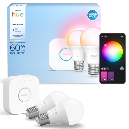 3x LED-Glühbirne E27 A60 8W = 60W 806lm 2200-6500K CCT + RGB SMART Smart Bluetooth ZigBee Weiß und Farbe Ambiance + Bridge Bridge Philips HUE Starter Kit