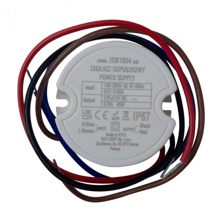 Einspeisung FI60 für LED-Streifen 45W 12V 3,75A Hermetisch IP67 Ecolight