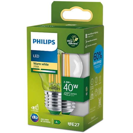 LED Lampen Kugel E27 210lm/W P45 2.3W = 40W 485lm 2700K Warm Glühfaden PHILIPS Ultra Efficient
