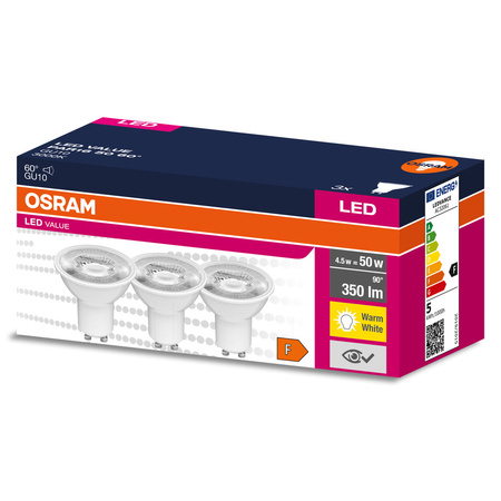 3x LED Leuchtmittel GU10 4,5W = 50W 350lm 3000K Warm 60° OSRAM Value