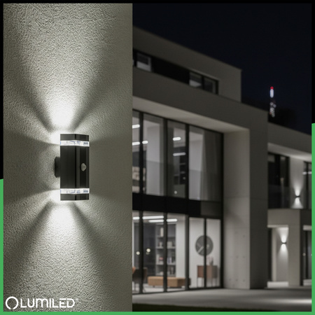 Gartenwandleuchte oben unten 2x GU10 Schwarz Bewegungs- und Dämmerungssensor HEDERA LUMILED