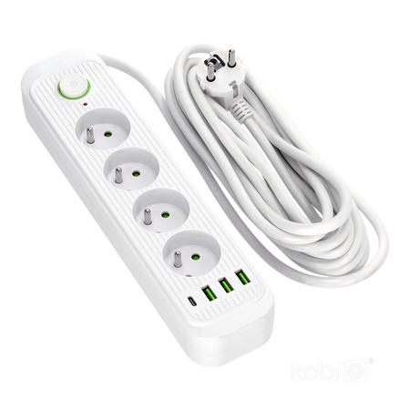 Verlängerungskabel CONNECTO 4x230V 5m 4GN Fehlerstrom-Schutzschalter 4xUSB Weiß Kobi