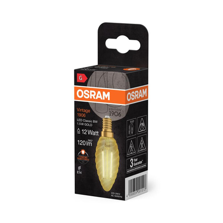LED Dekorative Glühbirne B33 Kerze E14 1.5W = 12W 120lm 2400K Warm 300° Vintage 1906 Osram