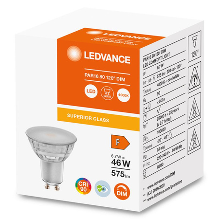 GU10 LED Leuchtmittel 6,7W = 48W 575lm 4000K Neutral 120° CRI90 Dimmbares Glas LEDVANCE Superior