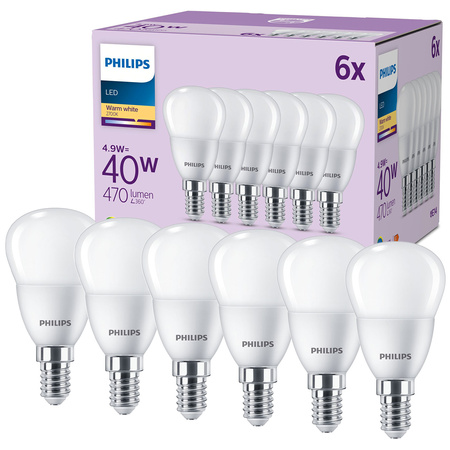 Set mit 6x LED-Kugelbirnen E14 P45 4,9W = 40W 470lm 2700K Warm PHILIPS