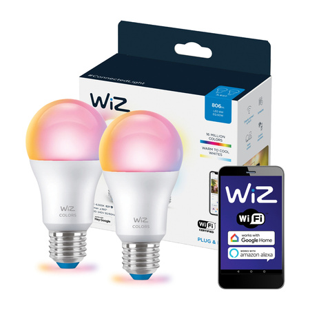 2x LED-Lampe E27 A60 8W = 60W 2200-6500K + RGB SMART WiFi WiZ