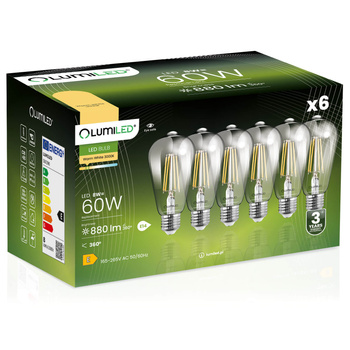 Set mit 6x Edison-LED Lampen ST64 E27 8W = 60W 880lm 3000K Wärme 360° Filament LUMILED