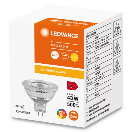 LED Lampen MR16 GU5.3 6.6W = 43W 500lm 2700K Warmweiß 12V FILAMENT DIMMABLE LEDVANCE