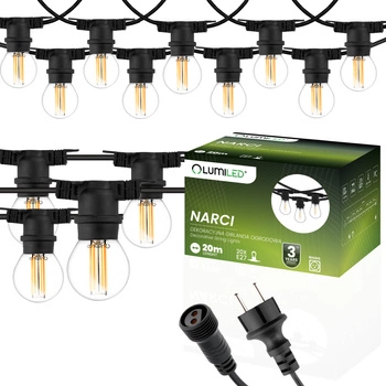 LED Außen-Lichterkette 20x E27, Garten Lichterkette 20m 7W 3000K NARCI LUMILED