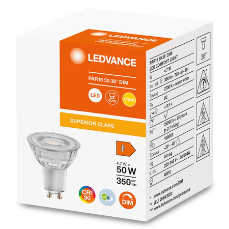 GU10 LED Leuchtmittel 4,7W = 50W 350lm 2700K Warm 36° CRI90 Dimmbar Glas LEDVANCE Superior