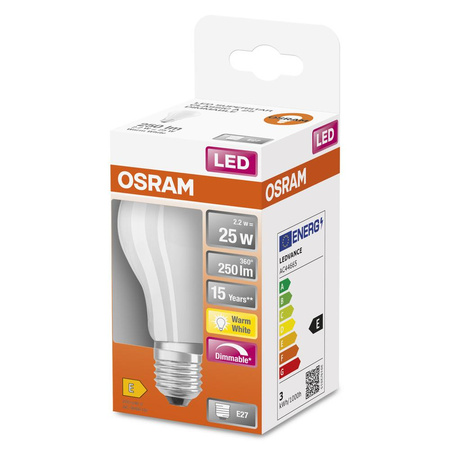 LED-Lampe E27 A60 2.2W = 25W 250lm 2700K Warm 300° Glühfaden Dimmbar OSRAM SUPER STAR