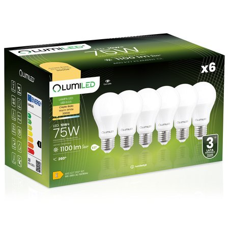 6x LED-Lampe E27 A60 10W = 75W 1100lm 3000K Warm 260° LUMILED