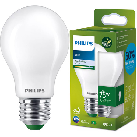 E27 A60 LED Lampen 5,2 W = 75 W, 1095 lm, 4000 K, neutrales Filament, milchig, PHILIPS, ultraeffizient